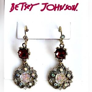 Betsey Johnson Carved Flower Medallion Crystal Drop Earrings